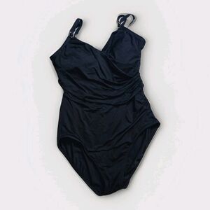 Jantzen ClassicOne Piece Swimsuit Sz 14 BLACK Ruched Pleated Front Adjustable